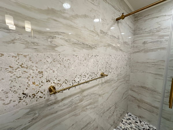 Chatham bathroom with brushed-gold fixtures and hex mosaic floor — gallery image 4